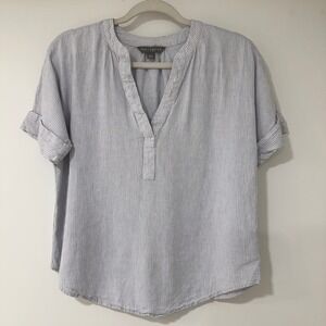 Sharagano Pinstripe Split Neck Blouse Womens Small Blue Linen Blend | Coastal